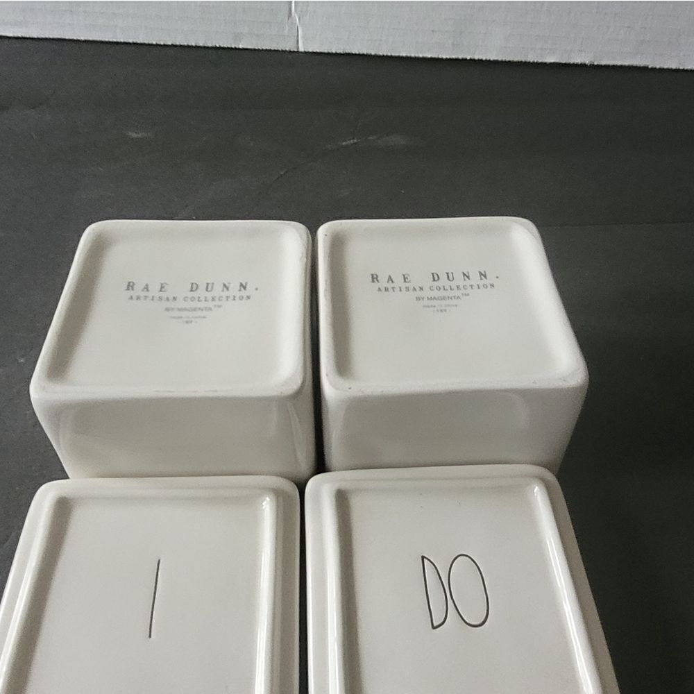 RAE Dunn new with lids  I DO trinket holder white with black writing 2pieces set